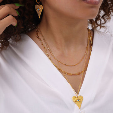 Gold Steel Evil Eye Heart Pendant Layered Necklace Set