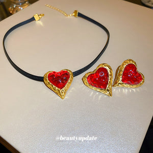 Red Heart Stud Earrings And Cord Pendant Necklace With Polished Metal Tone Details