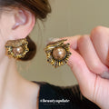 Vintage Gold Tone Ornate Pearl Medallion Stud Earrings view 2