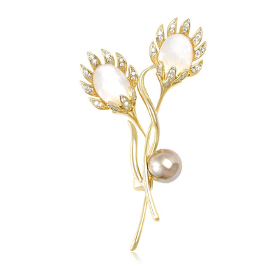 Gold Tone Crystal Tulip Brooch with Faux Pearl Accent front view on a light background