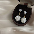 Pearl Stud Camellia Flower Drop Earrings Gold Bead Accent view 1