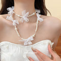 White Lace Bow and Faux Pearl Necklace with Decorative Details view 3