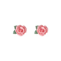 Pink Ceramic Rose Flower With Green Leaf Stud Earrings view 5