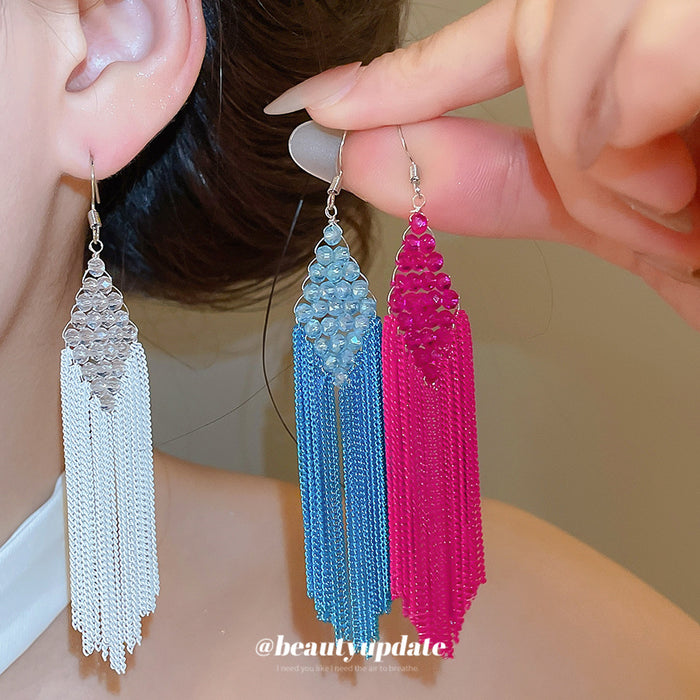 Long Beaded Chain Tassel Earrings in Three Bright Colors