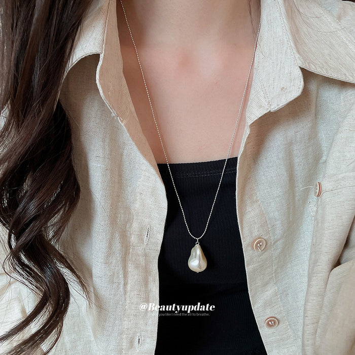 Silver Tone Necklace With Large Teardrop Pearl Like Pendant