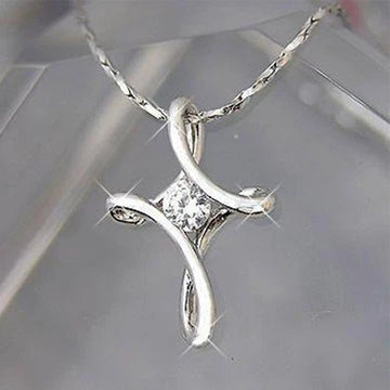 Silver Tone Twisted Cross Clear Stone Pendant Necklace