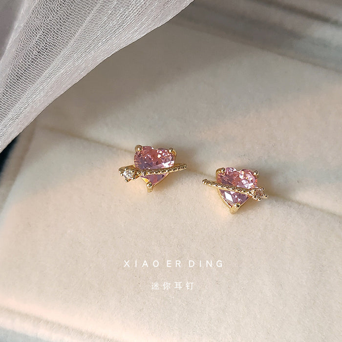Gold Pink Heart Zircon Stud Earrings Crystal Bar Accent