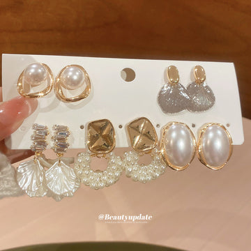 Gold Pearl Shell Crystal Stud Drop Earring Ten Piece Set
