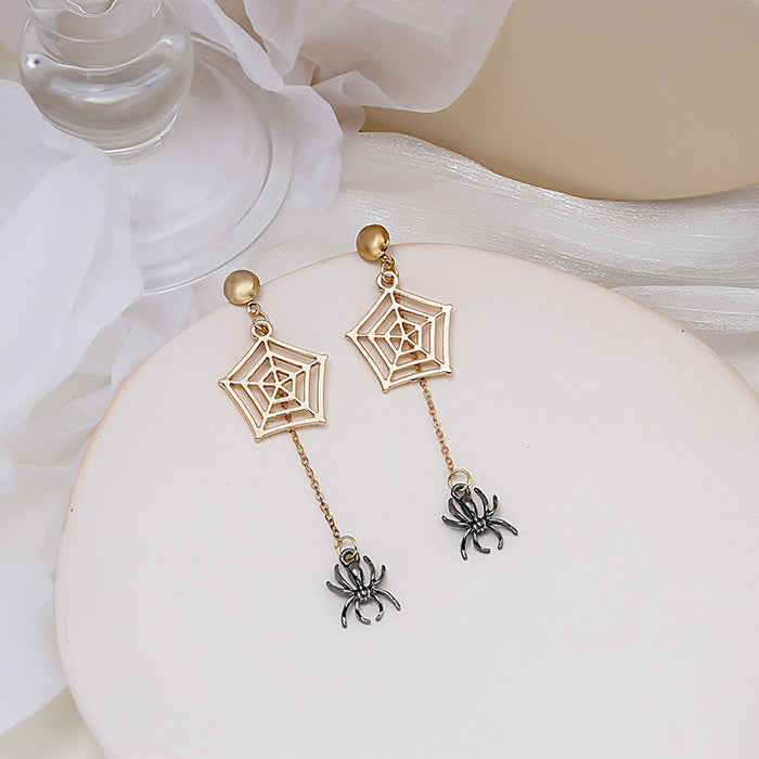 Gold Spiderweb and Black Spider Chain Dangle Earrings