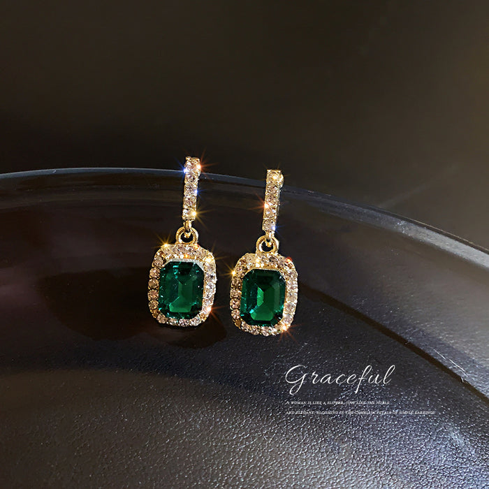 Green Square Crystal Drop Earrings in Gold Tone Fashion Jewelry Accessories