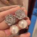 Silver Tone Camellia Baguette CZ Pearl Drop Earrings view 3