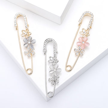 Flower Safety Pin Brooch Cat Eye Rhinestone Grey White Pink