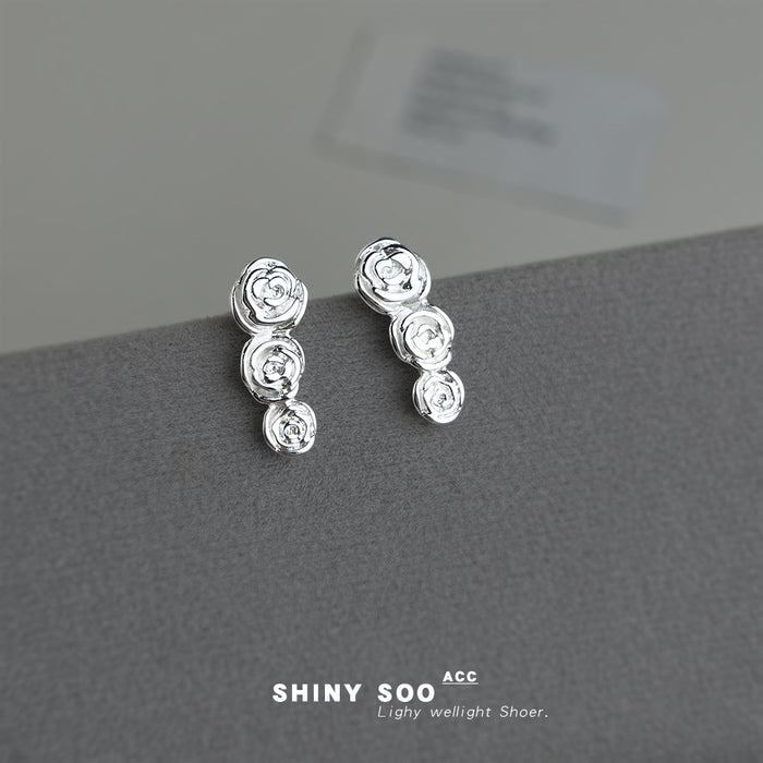 Silver Tone Graduated Triple Rose Cascade Stud Earrings