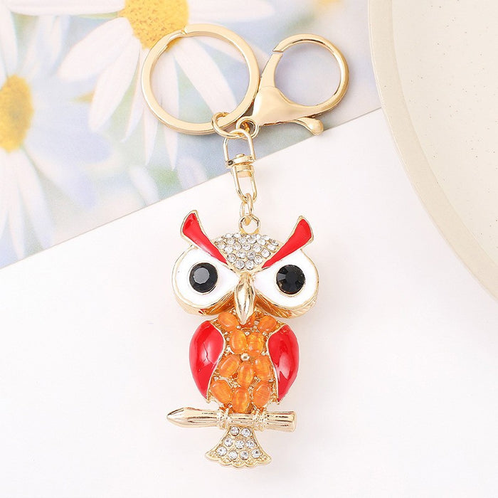 Red Enamel Owl Keychain Orange Beads Gold Branch Charm