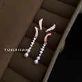 Rose Gold Tone Clear Stone Curved Ribbon And Pearl Long Earrings view 4