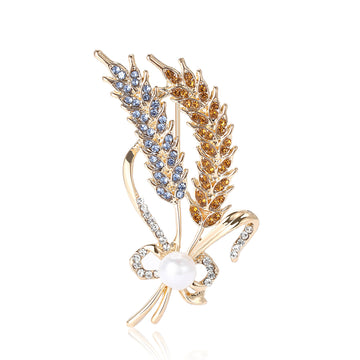 Crossed Wheat Rhinestone Brooch Pearl Bow Accent Pin