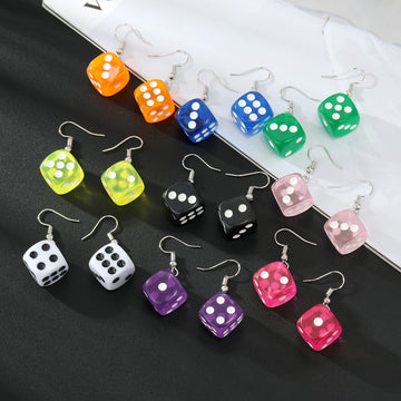 Translucent Colorful Dice Drop Earrings with Silver Tone Hooks