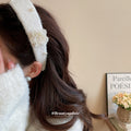 Gray Wool Blend Flower Pearl Wide Padded Headband Band view 3