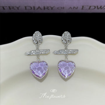 Silver Tone Clear Stone Bar Lavender Heart Drop Stud Earrings