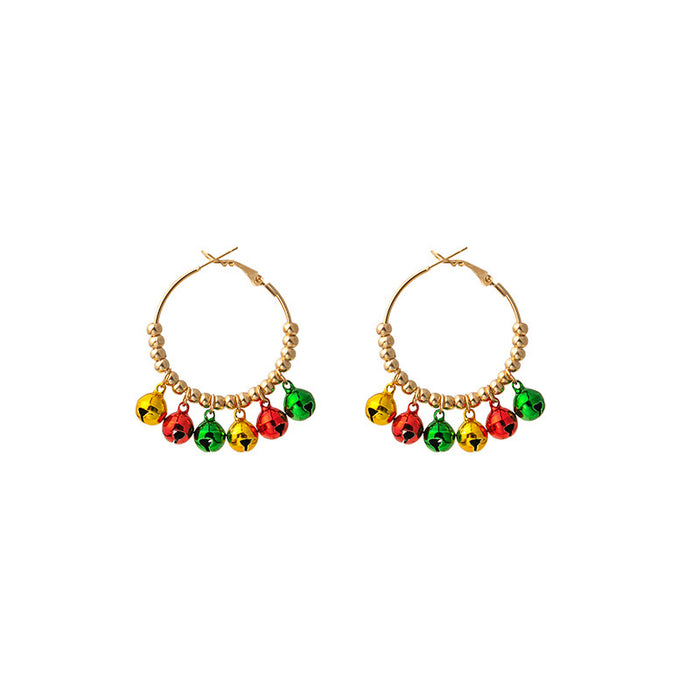 Gold Hoop Earrings Colorful Jingle Bells Bead Accents