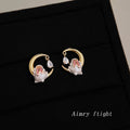 Gold Tone Crescent Moon White Rabbit And Clear Stone Stud Earrings view 1