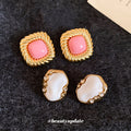 Gold Tone Square Stud Earrings with Pink or White Centers view 2