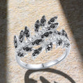 Silver Tone Black And Clear Crystal Leaf Ring Polished Metal Jewelry view 2