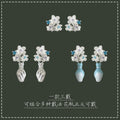 Silver Tone Floral Stud Earrings With Detachable Leaf And Blue Vase Drops view 6