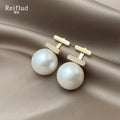 Gold Double Bar Pave Large White Pearl Drop Earrings view 3