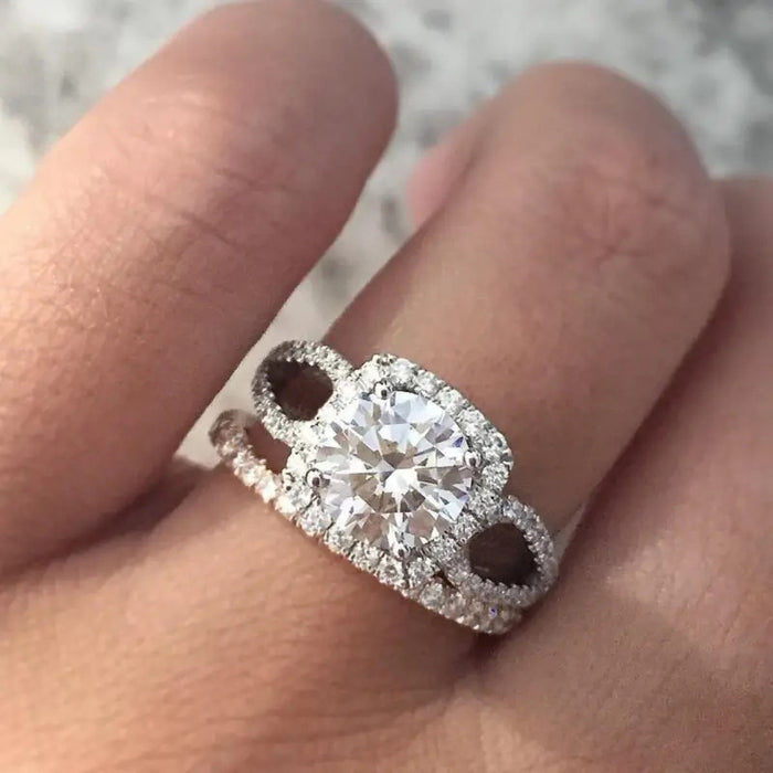 Silver Tone Round Crystal Halo Two Piece Ring Set Statement Jewelry