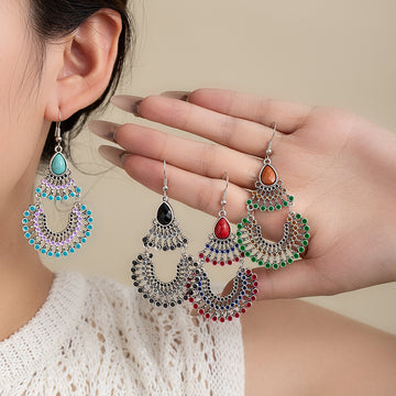 Four Color Double Hoop Bead Fringe Long Hook Earrings