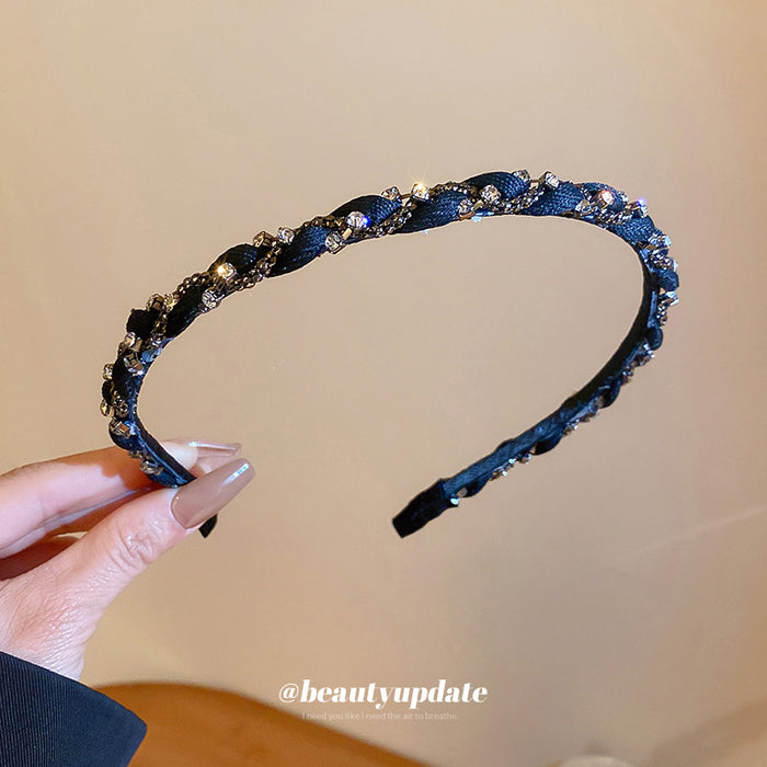 Black Braided Fabric Headband With Pearl Like And Clear Beads