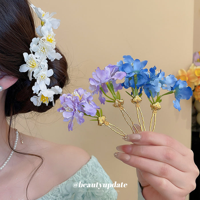 Fabric Flower Gold U-Pin Hair Sticks White Purple Blue