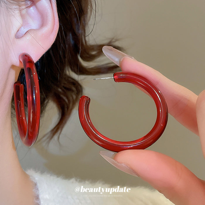 Translucent Red Brown Resin Open C Shape Stud Earrings