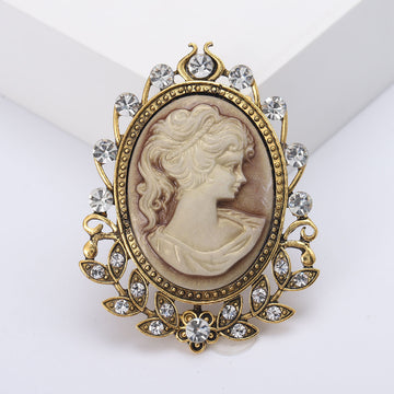 Oval Cameo Portrait Brooch With Crystal Leaf Frame in Two Finishes