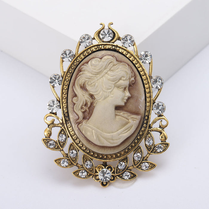 Oval Cameo Portrait Brooch With Crystal Leaf Frame in Two Finishes