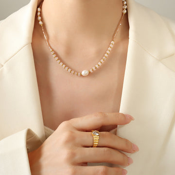 Pearl Stone Glass Bead Necklace Gold Spacers Soft Pink