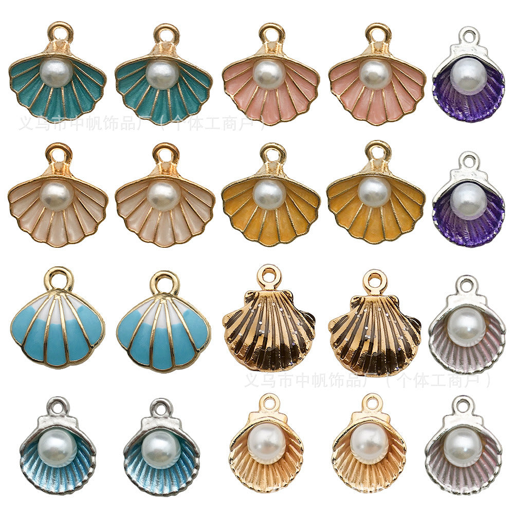 Enamel Zinc Alloy Scallop Shell Pearl Charm Pendant for Necklaces and Bracelets