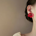 Layered Flower Stud Earrings in Brown Blue and Red Colorways view 4