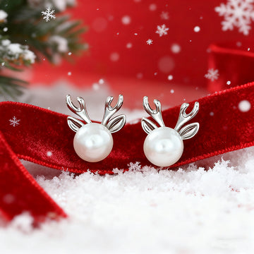 Pearl Reindeer Stud Earrings in Silver Tone Polished Metal Jewelry