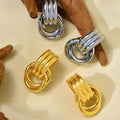 Triple Ribbed C-Shape Linked Circle Drop Earrings Gold Steel view 4