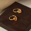 Gold Huggie Hoop Earrings Heart Charm Red Enamel Accents view 2