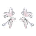 Silver Pink Flower Clear Stone Drop Earrings Pair Set view 5