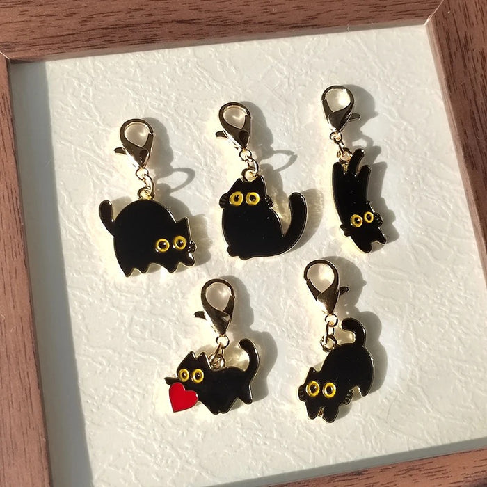 Black Enamel Cat Charm Keychains Gold Lobster Clasps 5 Styles