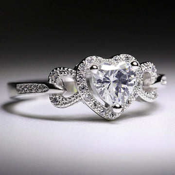Silver Tone Heart Clear Stone Halo Twist Band Ring