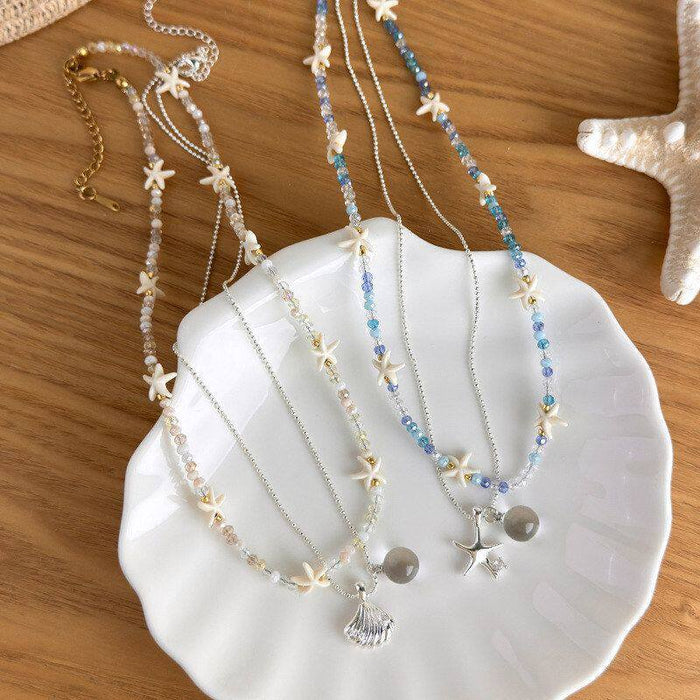 Coastal Charm Necklaces with Shells Stars Pearls and Blue Beads