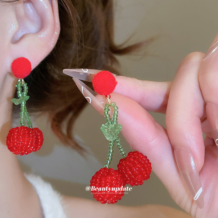 Red Pom Pom Cherry Drop Earrings With Green Stems Statement Jewelry Design