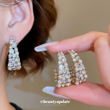 Clear Crystal Pave Open Hoop Stud Earrings with Rounded Ends