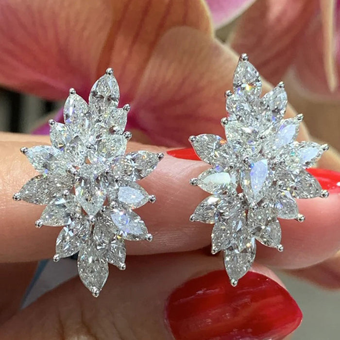 Silver Tone Marquise Stone Leaf Cluster Stud Earrings