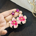 Pink Enamel Flower Drop Earrings Purple Crystal Post Tops view 6